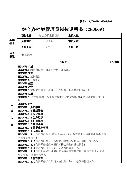 11综合办档案管理员岗位说明书