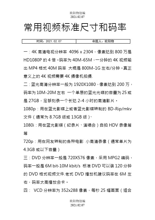 常用视频标准尺寸和码率之欧阳物创编