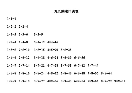 九九乘法口诀表(可直接打印)