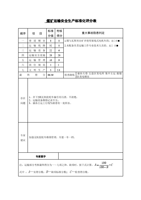 矿井运输部分安全生产标准化评分表