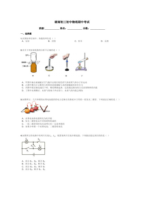 湖南初三初中物理期中考试带答案解析