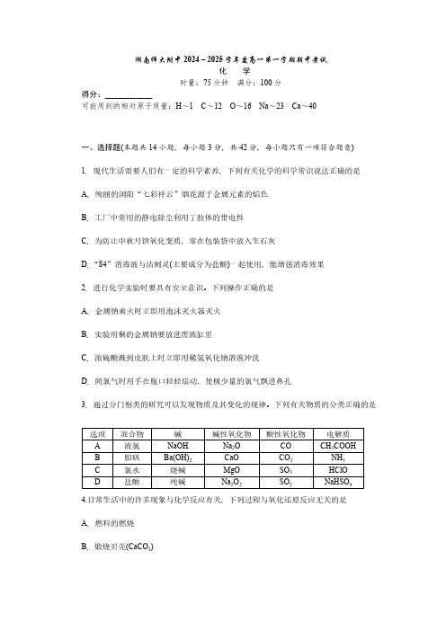 2024-2025学年湖南省师范大学附属中学高一上学期期中化学试题及答案