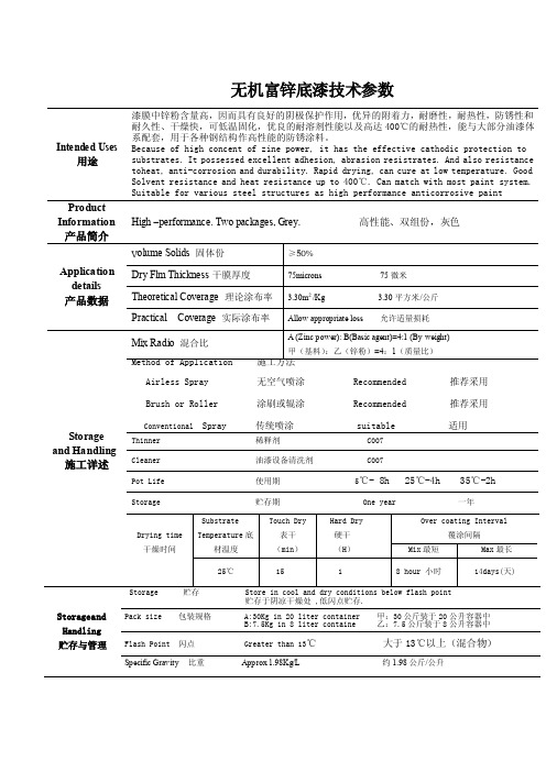 无机富锌底漆技术参数