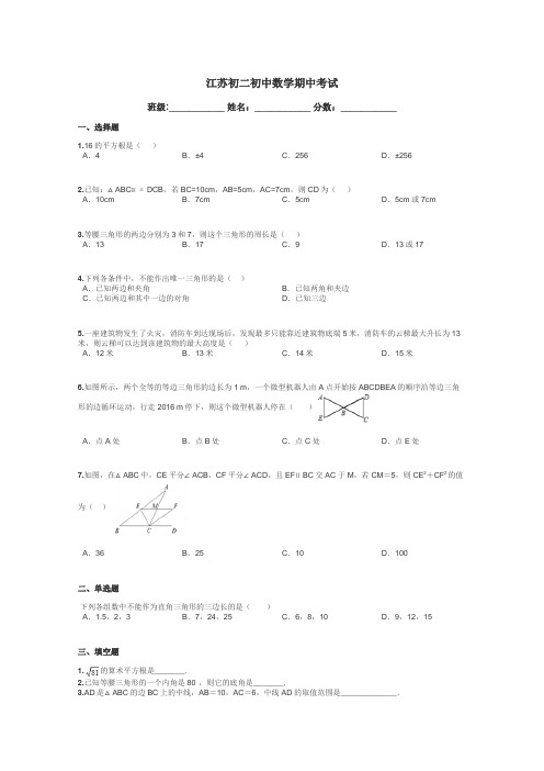 江苏初二初中数学期中考试带答案解析
