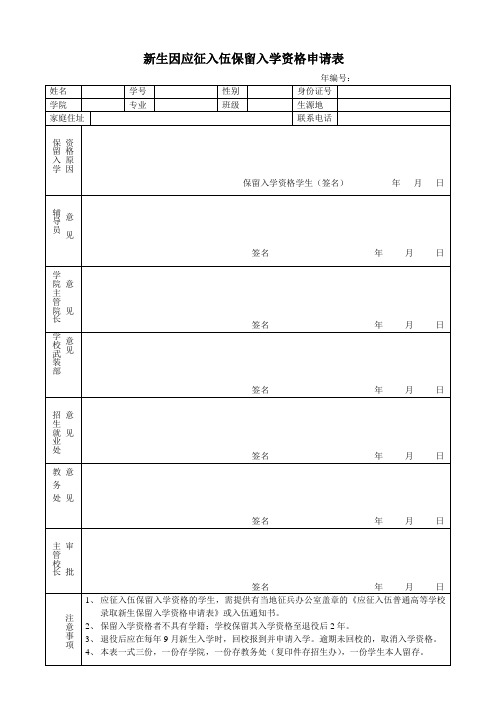 新生因应征入伍保留入学资格申请表