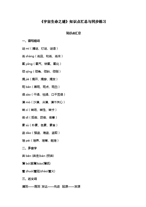 部编版六年级语文上册《宇宙生命之谜》知识点汇总与同步综合练习(含答案)