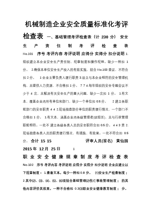 机械制造企业安全质量标准化考评表