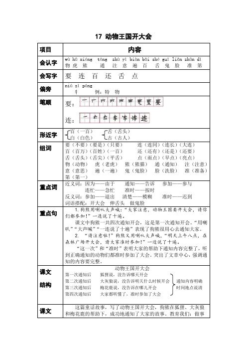 部编小学语文一下《 动物王国开大会》课堂笔记