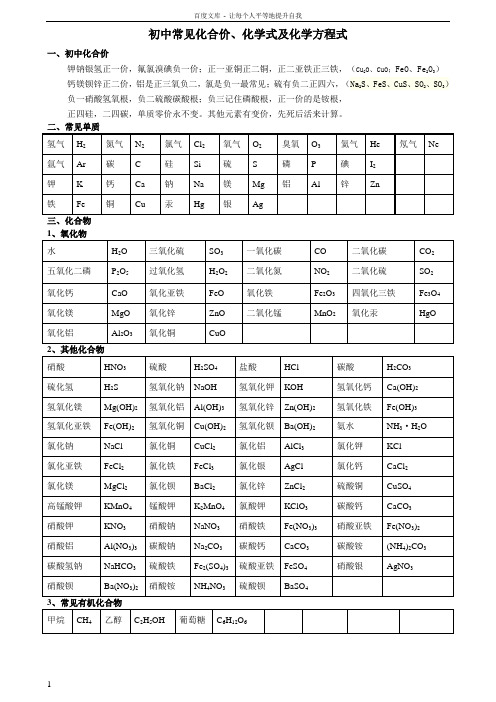 初中常见化合价化学式及化学方程式