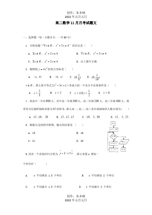 高二数学11月月考试题 文2