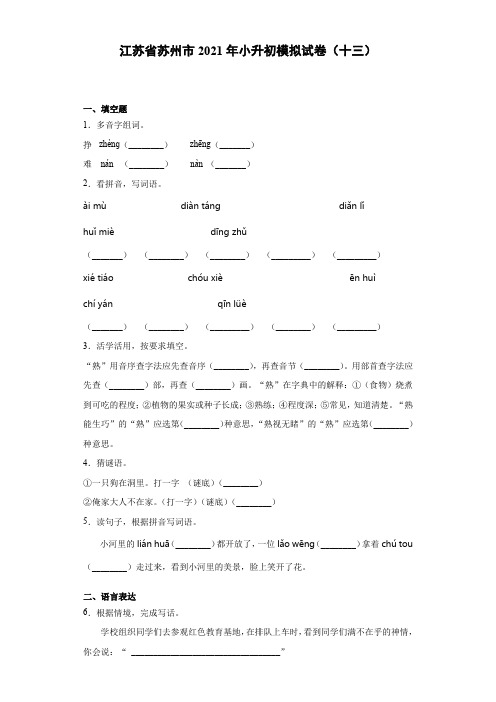 统编版江苏省苏州市2021年六年级语文下册小升初考试试卷(十三)附答案