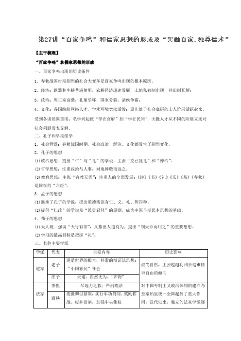 [高考历史]一轮复习：专题27：“百家争鸣”和儒家思想的形成及“罢黜百家独尊儒术”.doc