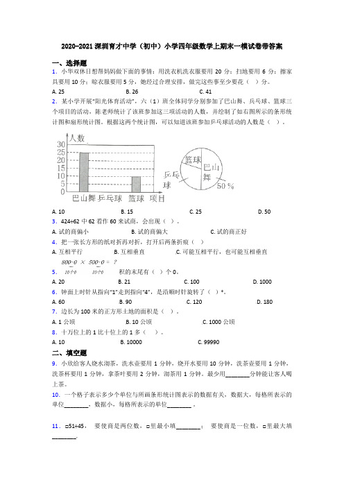 2020-2021深圳育才中学(初中)小学四年级数学上期末一模试卷带答案