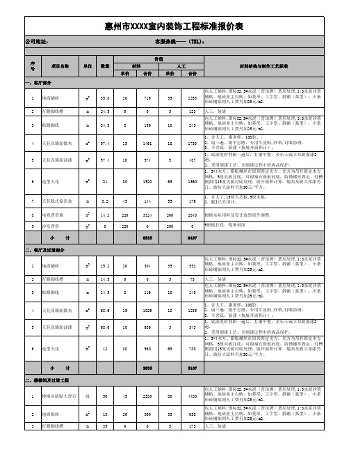 广东惠州半包及全包预算报价表(标准模板)