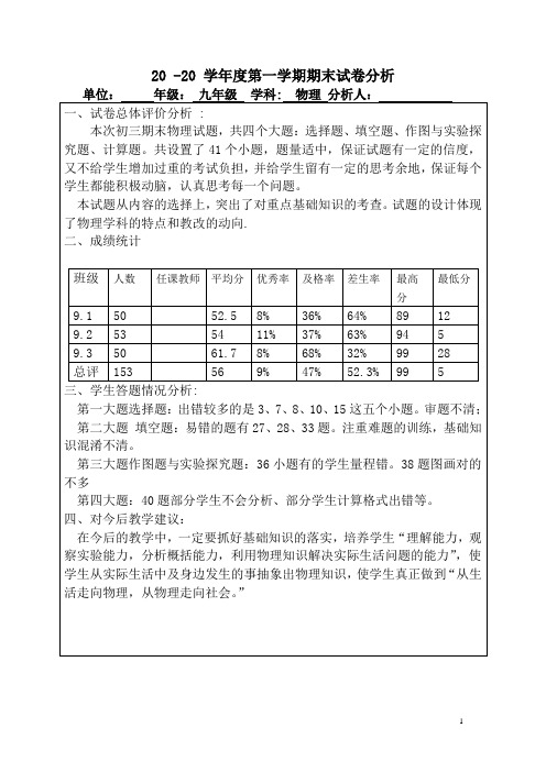 物理九年级上册期末测试卷面分析