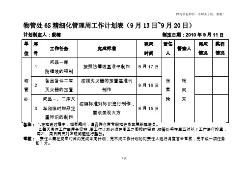 物管处6S精细化管理周工作计划表9月13日9月20日