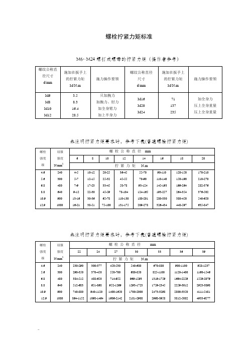 螺栓拧紧力矩及标准