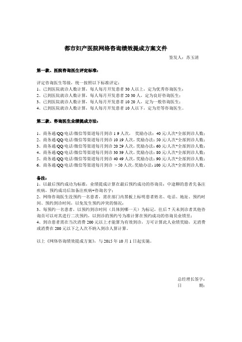 都市妇产医院网络咨询绩效提成方案