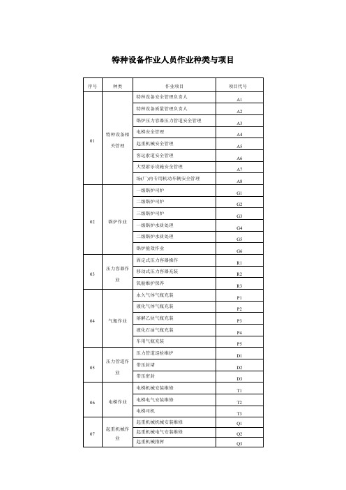 特种设备作业人员作业种类与项目