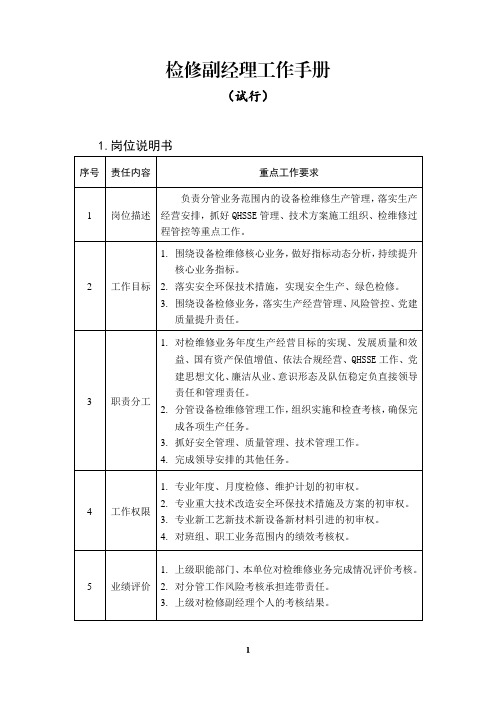 发电厂岗位工作手册-检修副经理工作手册