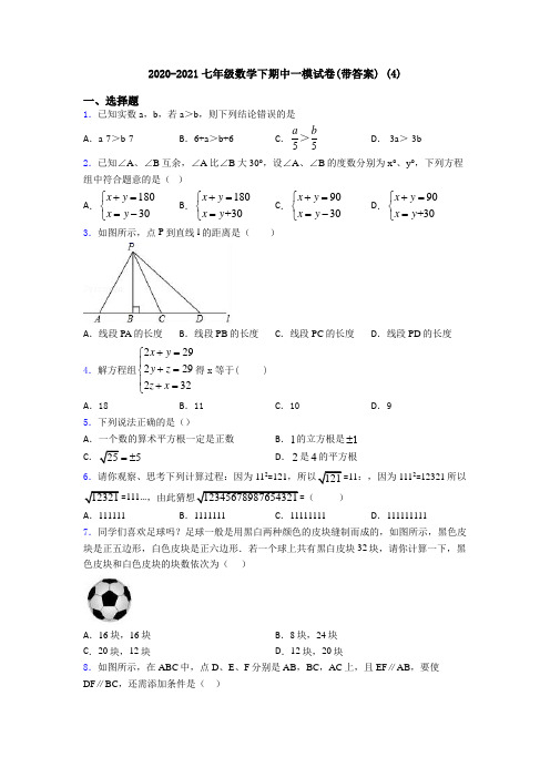 2020-2021七年级数学下期中一模试卷(带答案) (4)