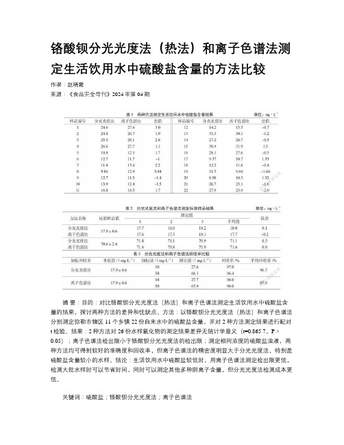 铬酸钡分光光度法（热法）和离子色谱法测定生活饮用水中硫酸盐含量的方法比较