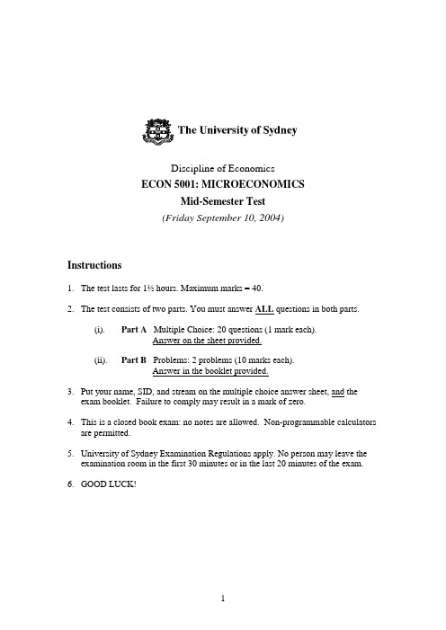 ECON5001_Microeconomics_2008 Semester 1_Mid_Semester exam ECON5001_2004