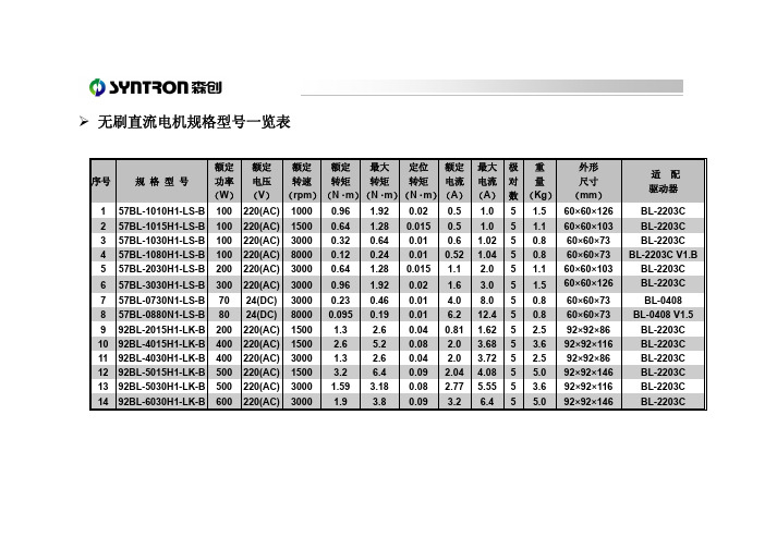 无刷直流电机规格型号一览表