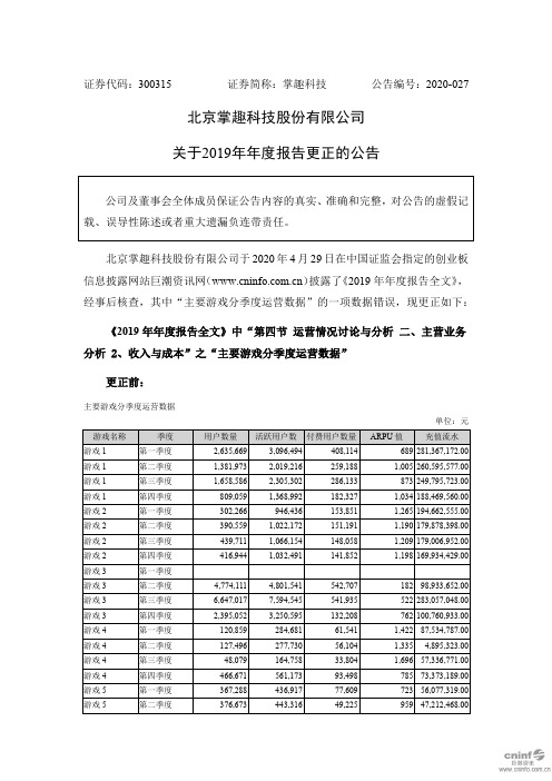 掌趣科技：关于2019年年度报告更正的公告