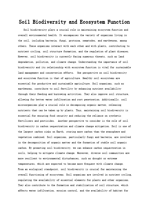 Soil Biodiversity and Ecosystem Function