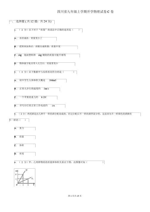 四川省九年级上学期开学物理试卷C卷