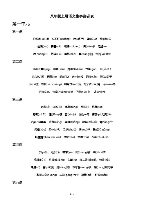 八年级上册语文生字拼音表