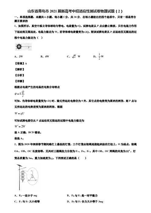 山东省青岛市2021届新高考中招适应性测试卷物理试题(2)含解析