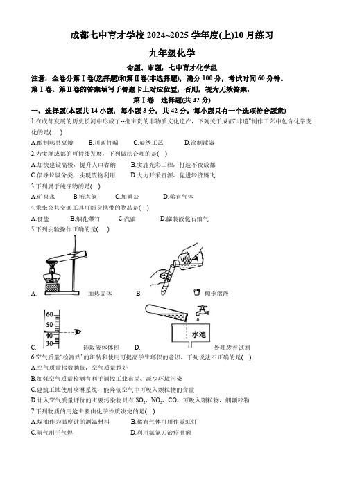 四川省成都市第七中学育才水井坊2024-2025学年九年级上学期10月化学试卷(无答案)