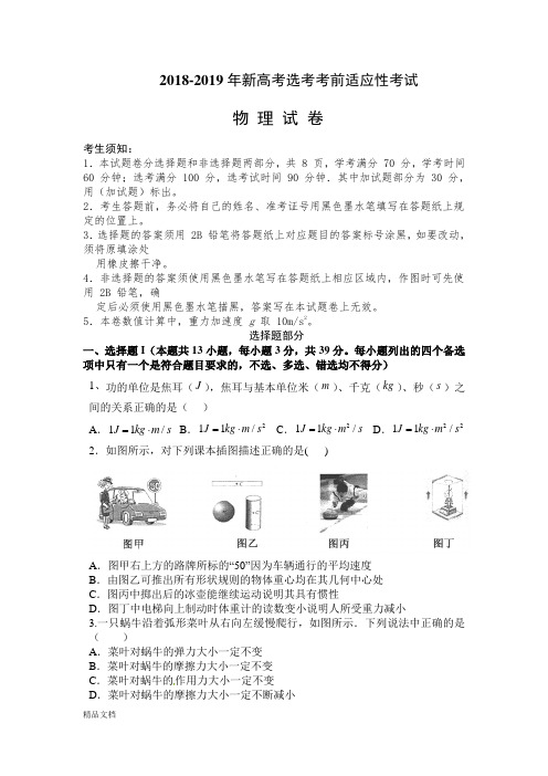 2018-2019 年浙江省新高考选考物理考前适应性考试 模拟试卷(含答案)