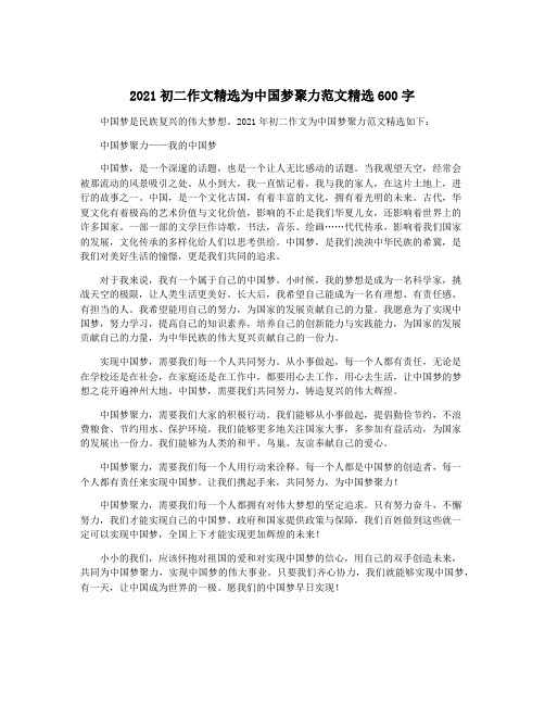 2021初二作文精选为中国梦聚力范文精选600字