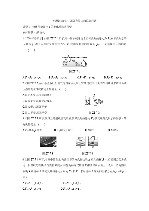 人教版物理八年级下册同步巩固练习专题训练(七) 压强和浮力的综合问题