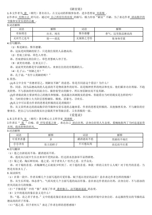 八年级上册《陋室铭》《爱莲说》复习题及答案