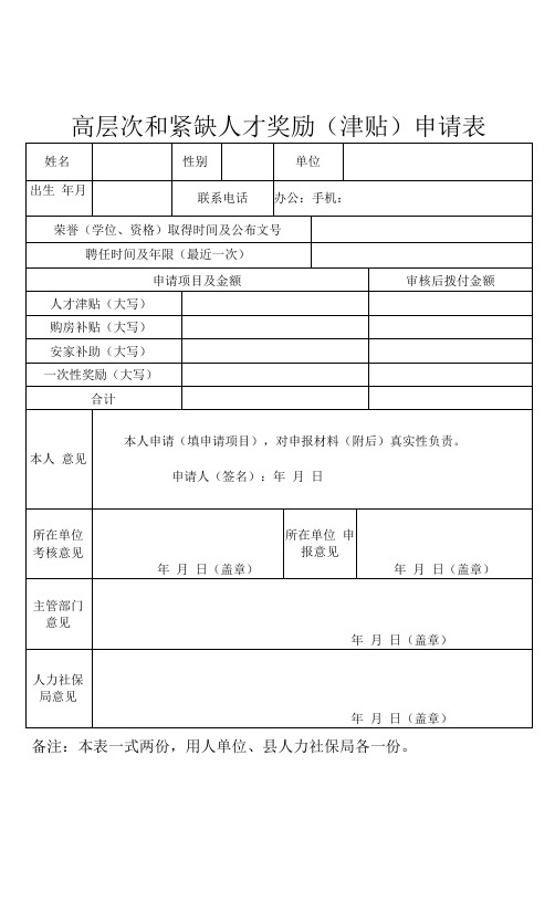 高层次和紧缺人才奖励(津贴)申请表