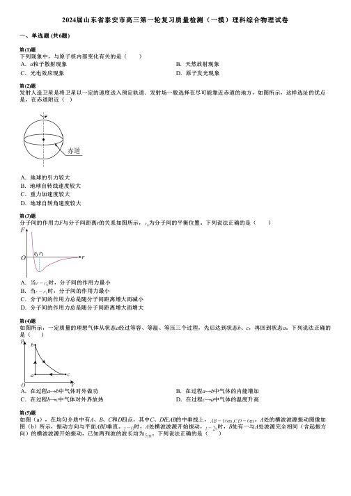 2024届山东省泰安市高三第一轮复习质量检测(一模)理科综合物理试卷