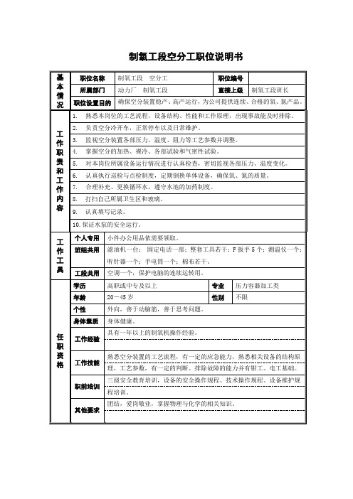 制氧工段空分工职位说明书