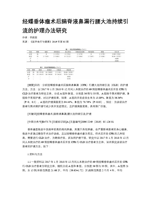 经蝶垂体瘤术后脑脊液鼻漏行腰大池持续引流的护理办法研究