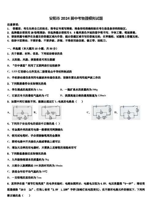 安阳市2024届中考物理模拟试题含解析