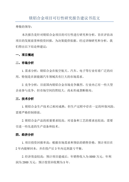 镁铝合金项目可行性研究报告建议书范文