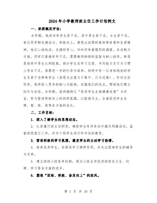 2024年小学教师班主任工作计划例文（五篇）