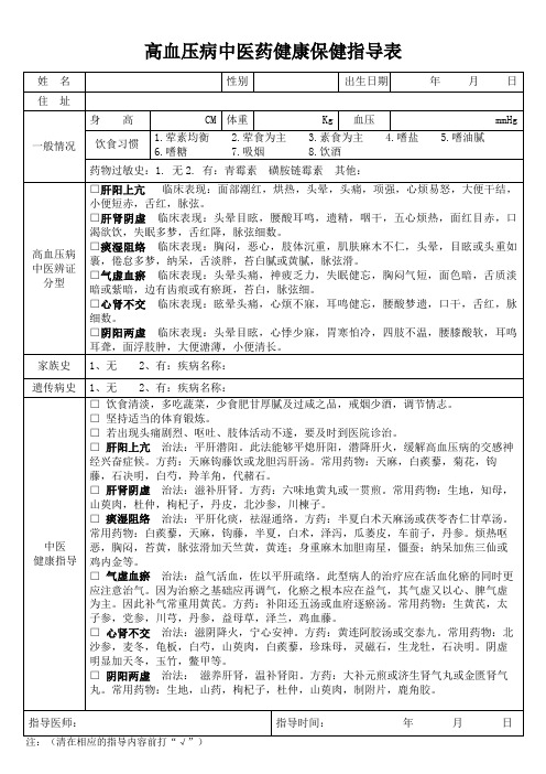 高血压病中医药健康指导记录表(1900份)