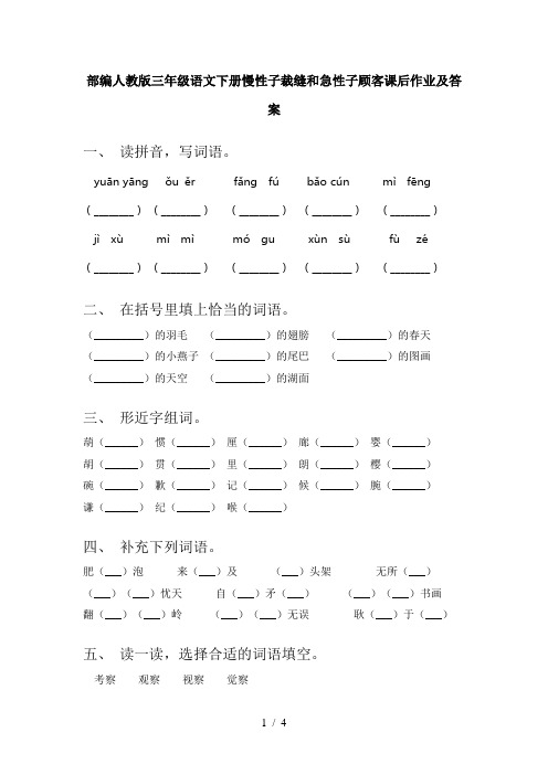 部编人教版三年级语文下册慢性子裁缝和急性子顾客课后作业及答案