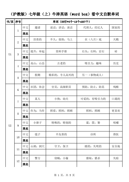 (沪教版)七年级(上)牛津英语(word box)看中文自默单词表