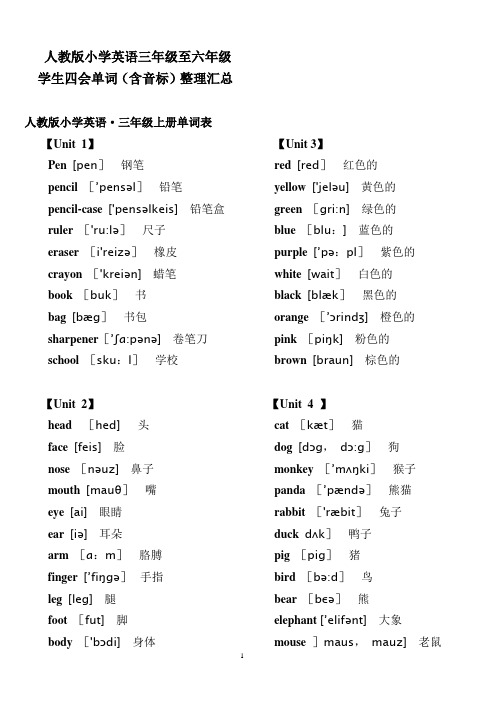 人教版小学英语三年级至六年级学生四会单词(含音标)整理汇总