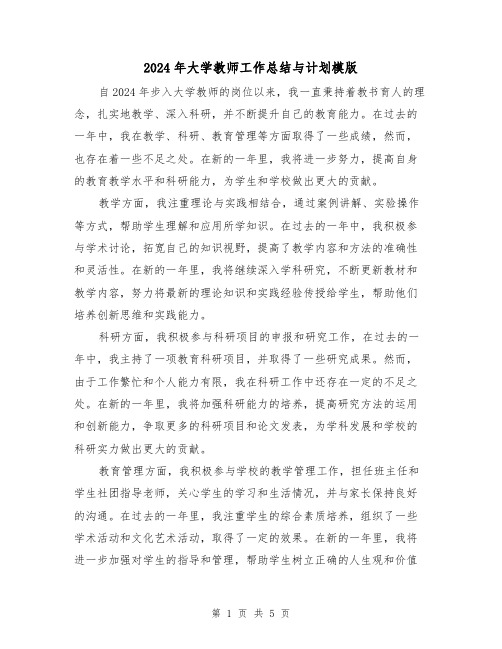 2024年大学教师工作总结与计划模版(3篇)